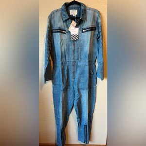Free People x Sandrine Rose Women  Indigo Striped  Denim Jumpsuit Long Sleeve